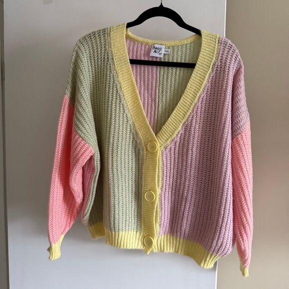 Princess Polly Naomi Cardigan Sweater XS/S Oversized Colorblock Yellow Pink - Picture 8 of 12